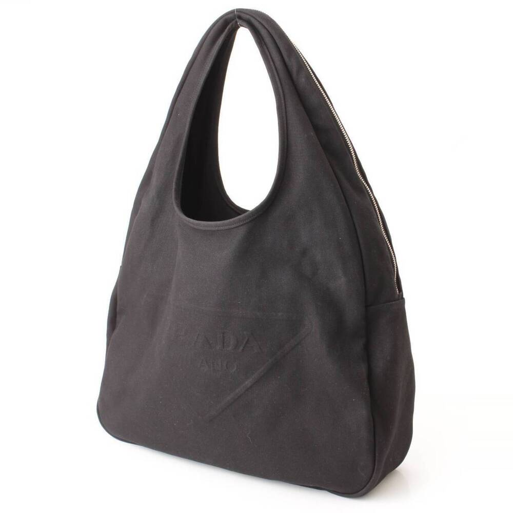 Prada Hobo Black Canvas Bag Hobo One Shoulder Logo Embossed